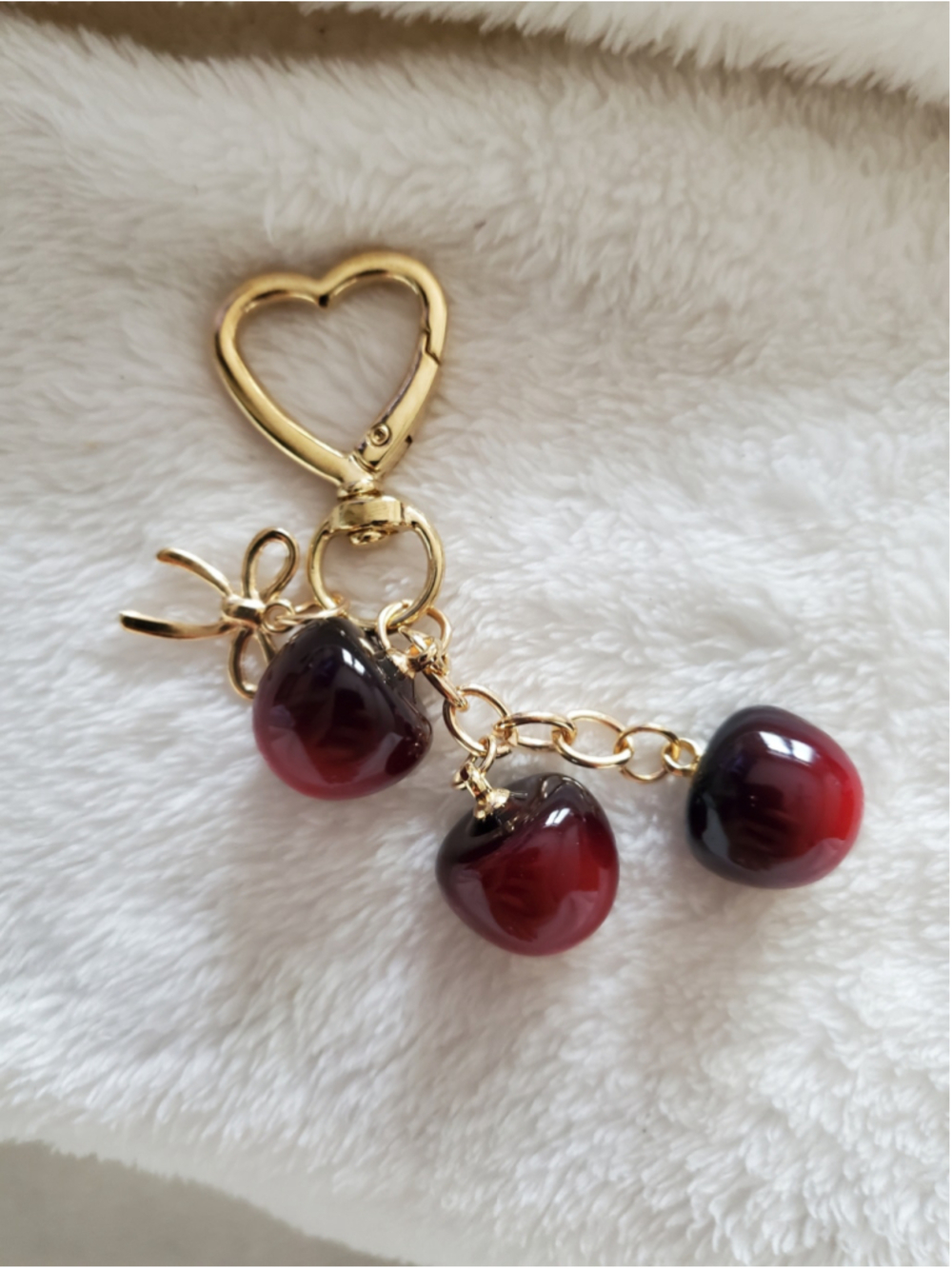 Dark Red cherry 🍒 Keychain or bag charm with Gold ribbon